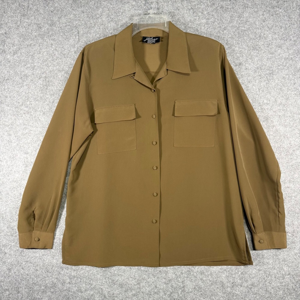 Milano Button Down Blouse Womens XL Bronze Brown Long Sleeve Utility Pocket Shrt
